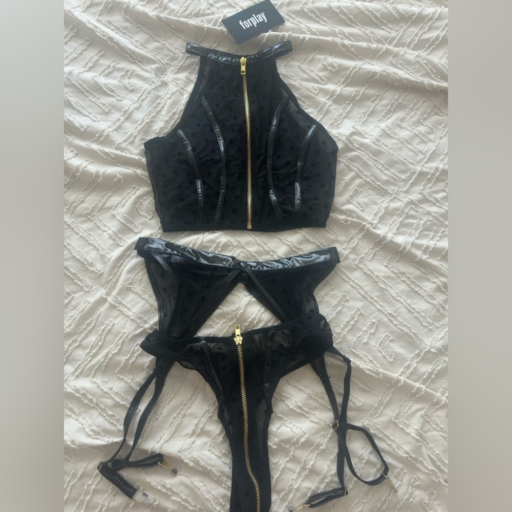 Forplay black vinyl pvc faux leather lingerie set